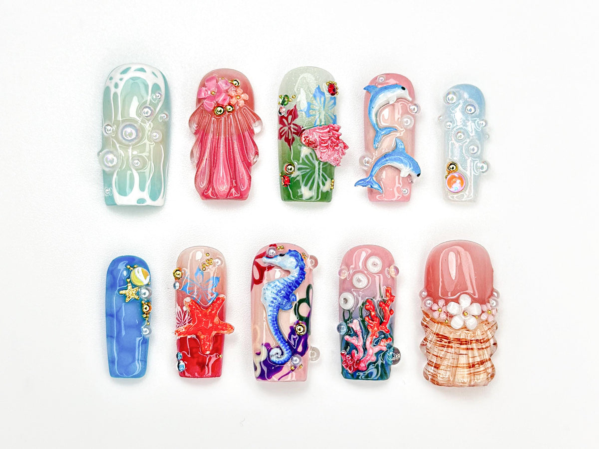 Summer Press On Nails with 3D Seashells and Pearls | Mermaid Dolphin Coral Shell Design | Summer Beach Vibe Nails | Sea Life Nails | JB923HC
