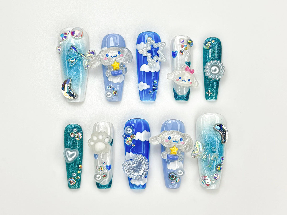Kawaii Puppy Cloud Press On Nails | Blue Sky Nail Art | 3D Cloud & Star Resin Nails | Dreamy Pup-Inspired Press Ons | Cute Nails| JB925HC