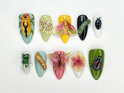 Bug Garden Summer Press On Nails | 3D Insect Nail Art | Butterfly & Beetle Nails | Nature Inspired Nails | Handmade Spring Nails | JB927HK