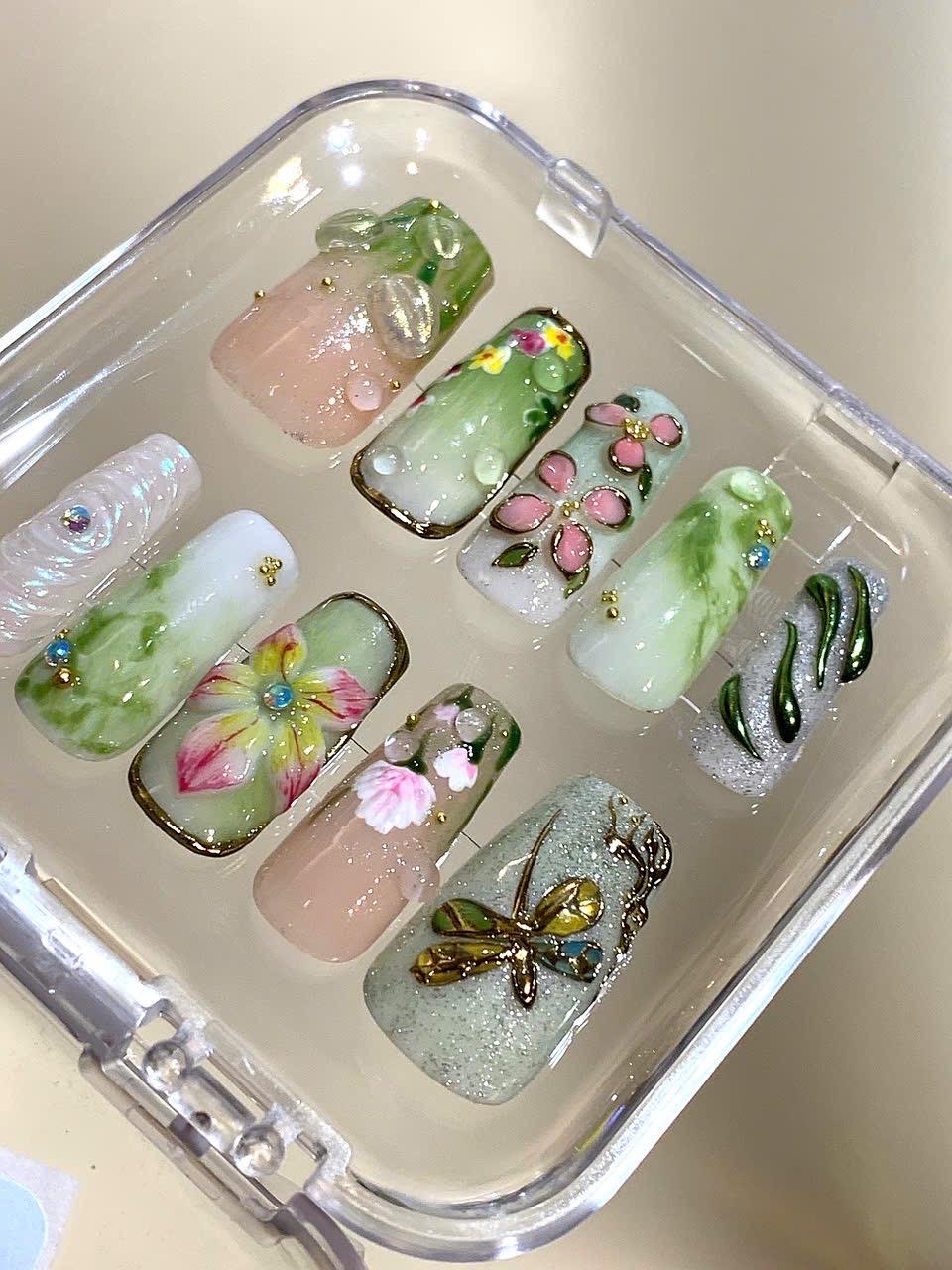 Spring Garden Press On Nails: Handmade Floral Nail Art Set