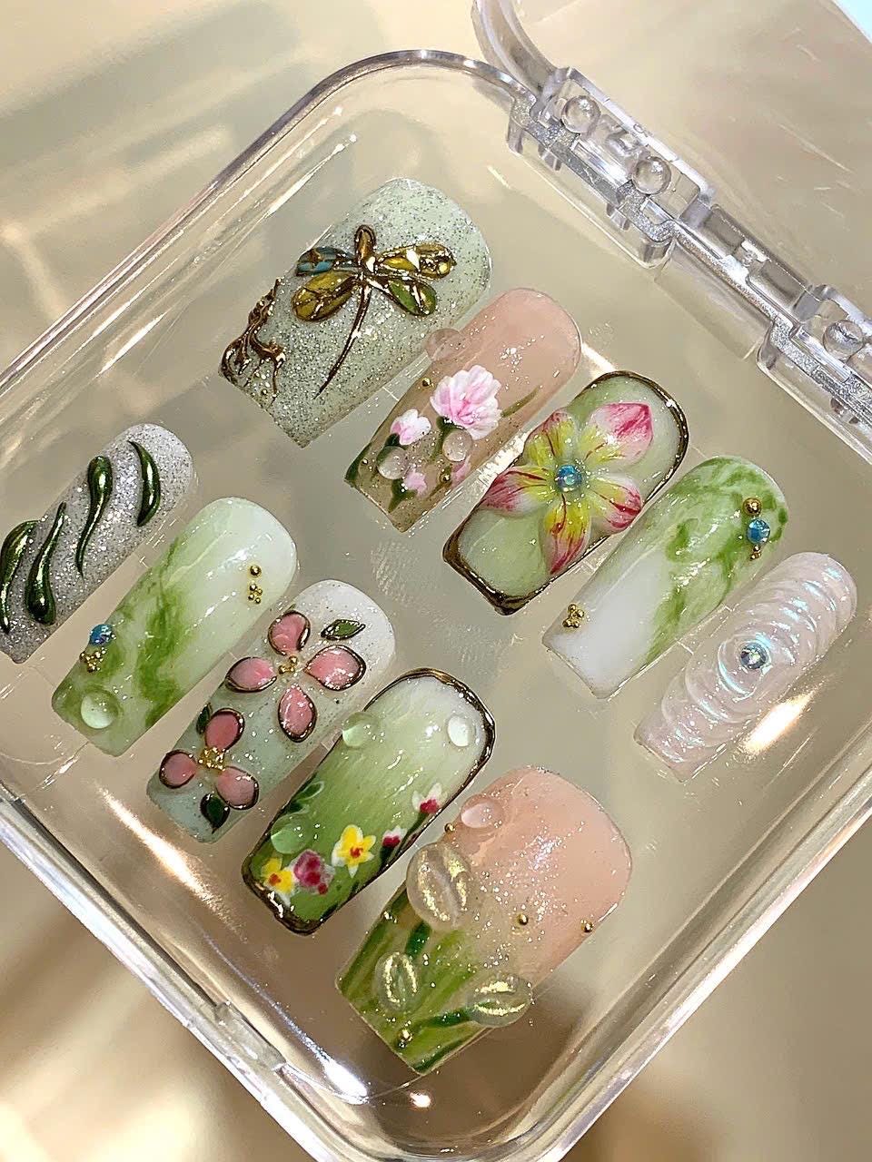 Spring Garden Press On Nails: Handmade Floral Nail Art Set