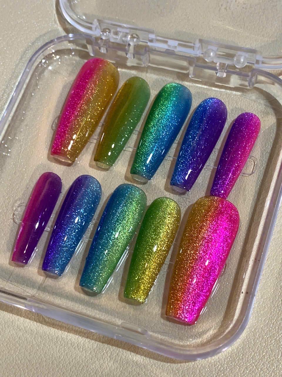 Rainbow Glitter Ombre Press On Nails: Handmade Festival Fake Nail Set