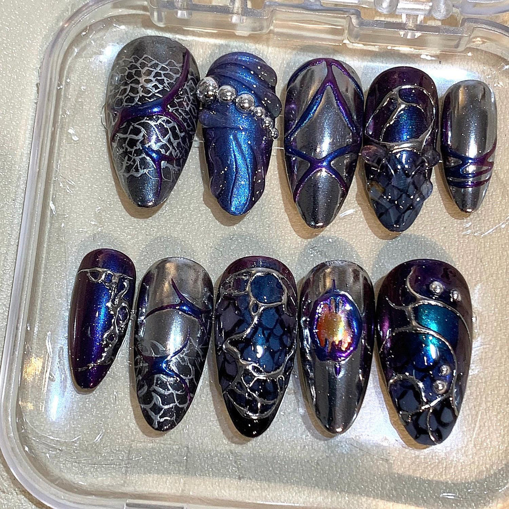Dragon Scale Chrome Press On Nails: Gothic 3D Armor Nail Art