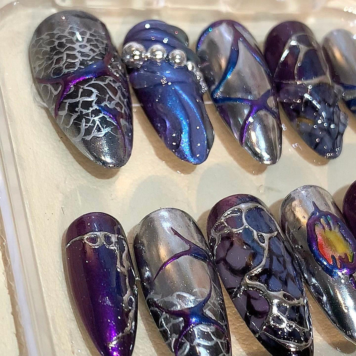 Dragon Scale Chrome Press On Nails: Gothic 3D Armor Nail Art