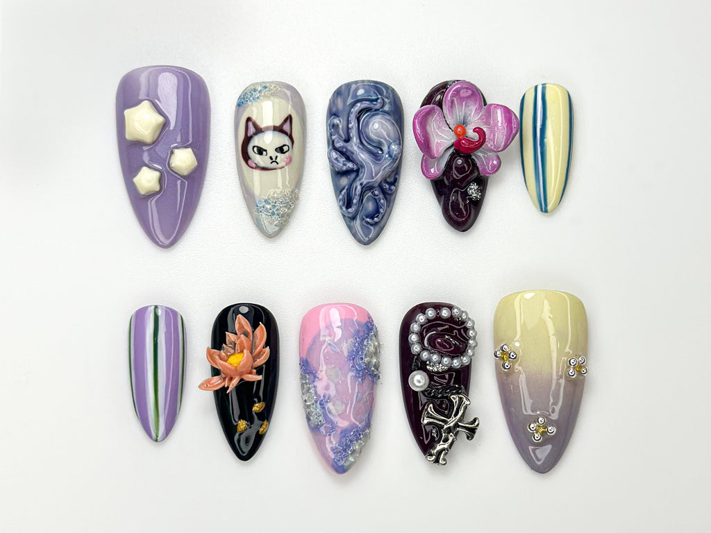 Whimsical Violet Press On Nails | 3D Cat & Orchid Nail Art | Abstract Swirl Gothic Pearl Nails | Handmade Nail Set| Artistic Nails | JB981HC