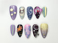 Whimsical Violet Press On Nails | 3D Cat & Orchid Nail Art | Abstract Swirl Gothic Pearl Nails | Handmade Nail Set| Artistic Nails | JB981HC