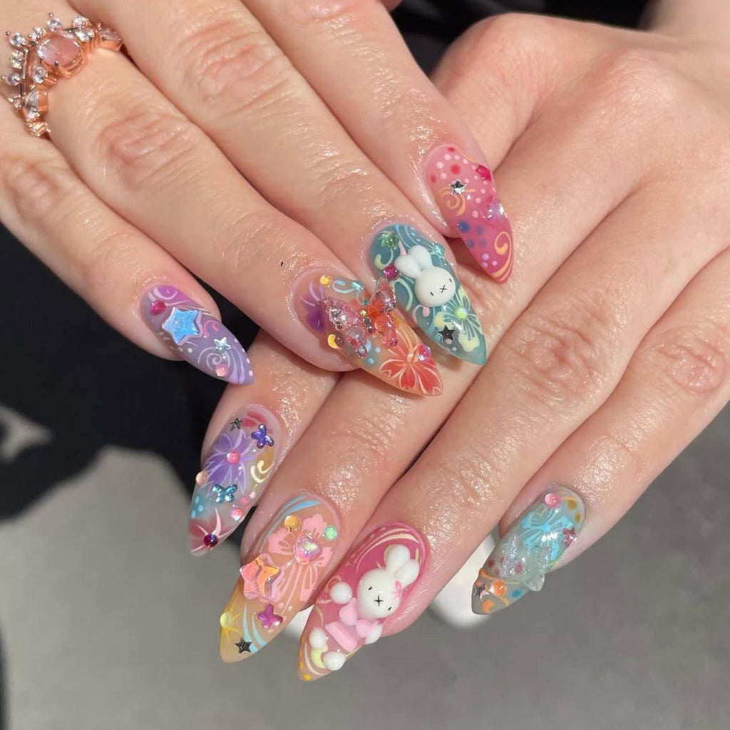 Kawaii Bunny Press On Nails | 3D Cute Rabbit & Star Nails | Rainbow Pastel Swirl Nail Art | Handmade Kawaii Nail | Fun Handmade Nail|JB982HC