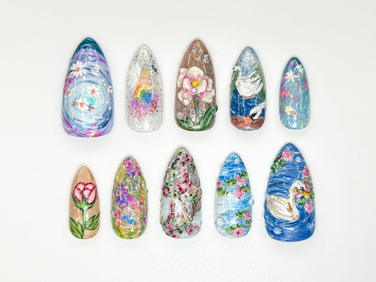 Handpainted Swan Press On Nails | Dreamy Lake Garden Nail Art | Nature Landscape Press On Set | Impressionist Pastel Nails | JB930HC
