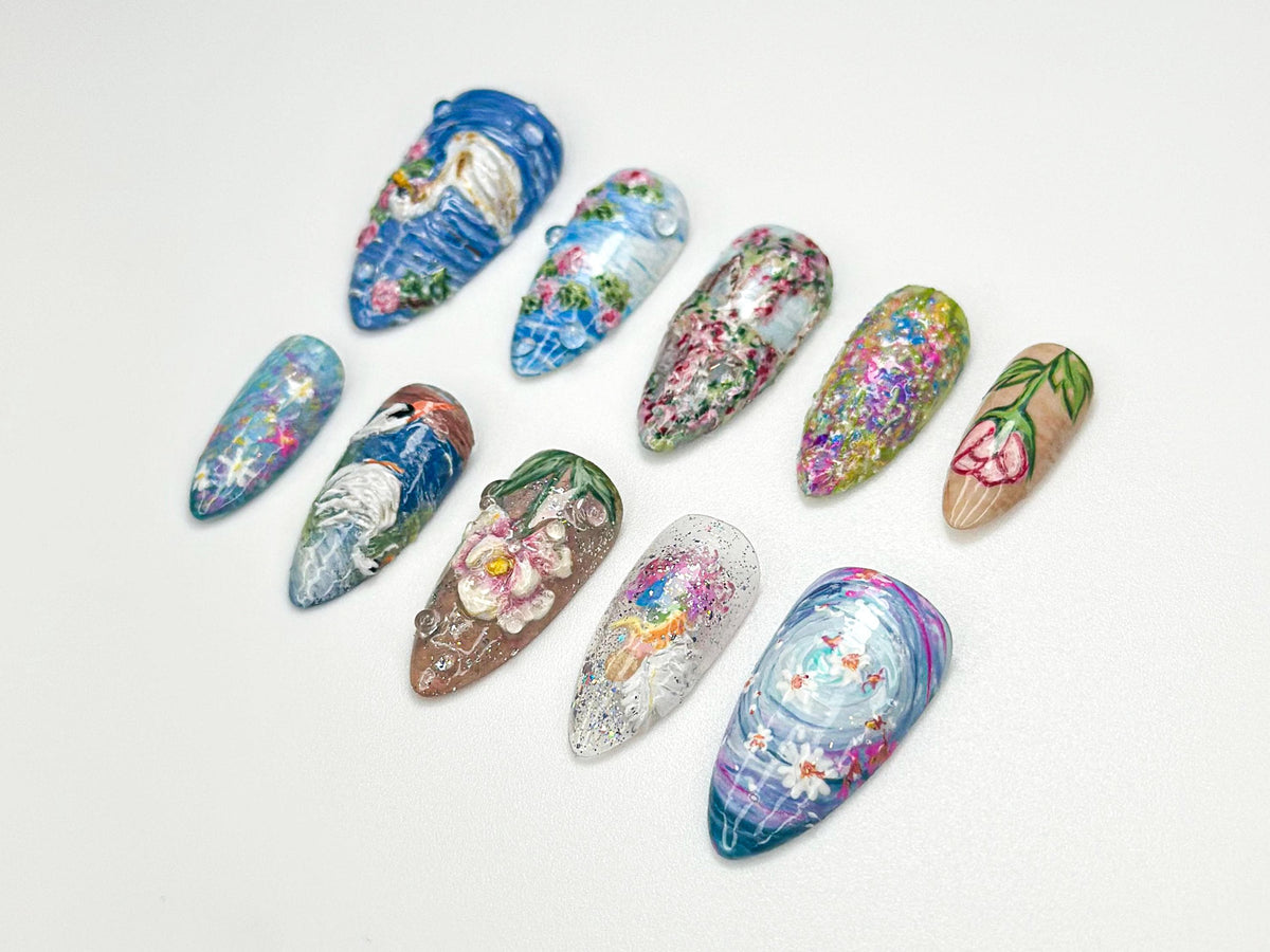 Handpainted Swan Press On Nails | Dreamy Lake Garden Nail Art | Nature Landscape Press On Set | Impressionist Pastel Nails | JB930HC