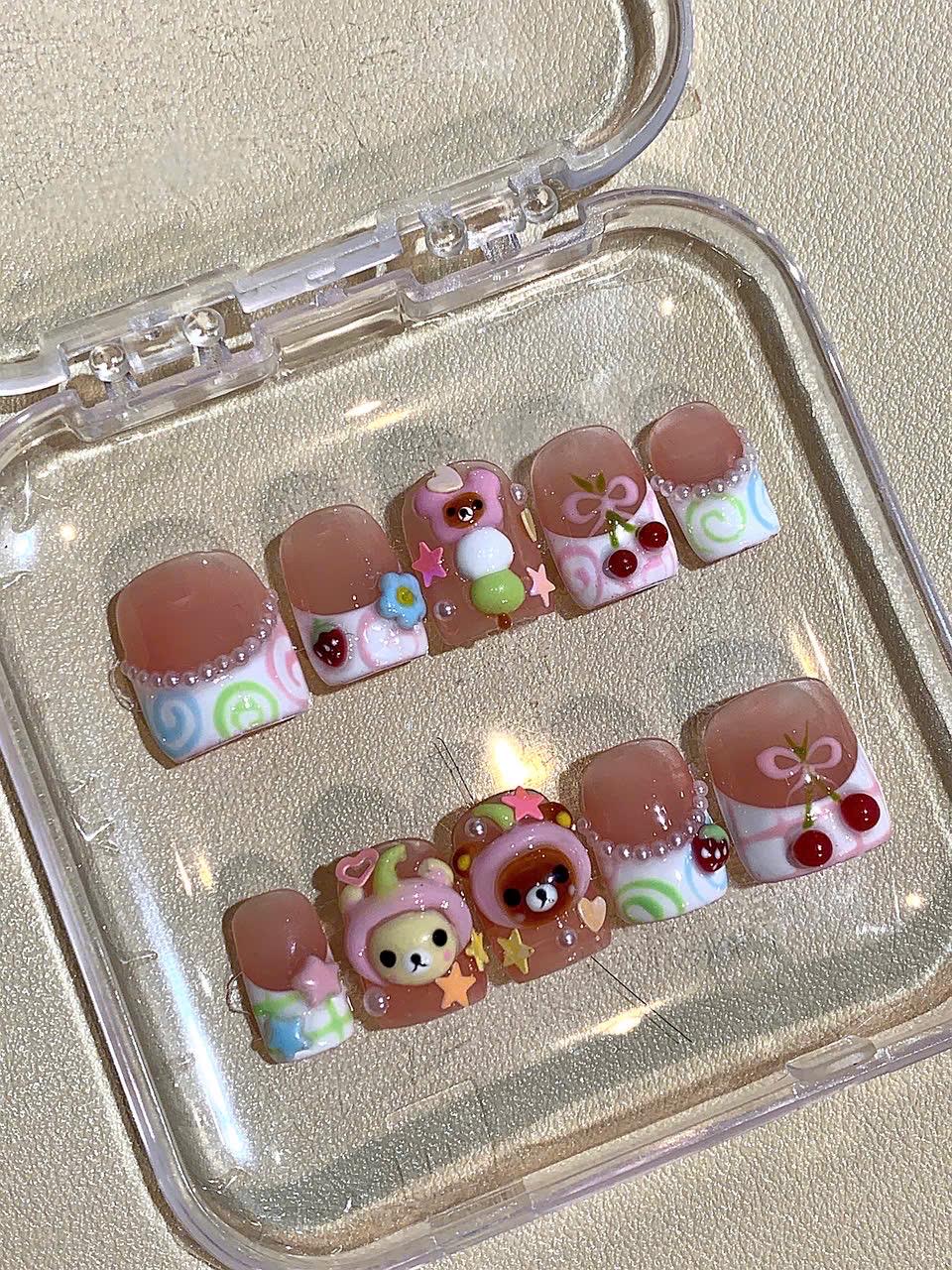Y2K Kawaii Bear Cherry Press On Nails, 3D Japanese Inspired Nail Art