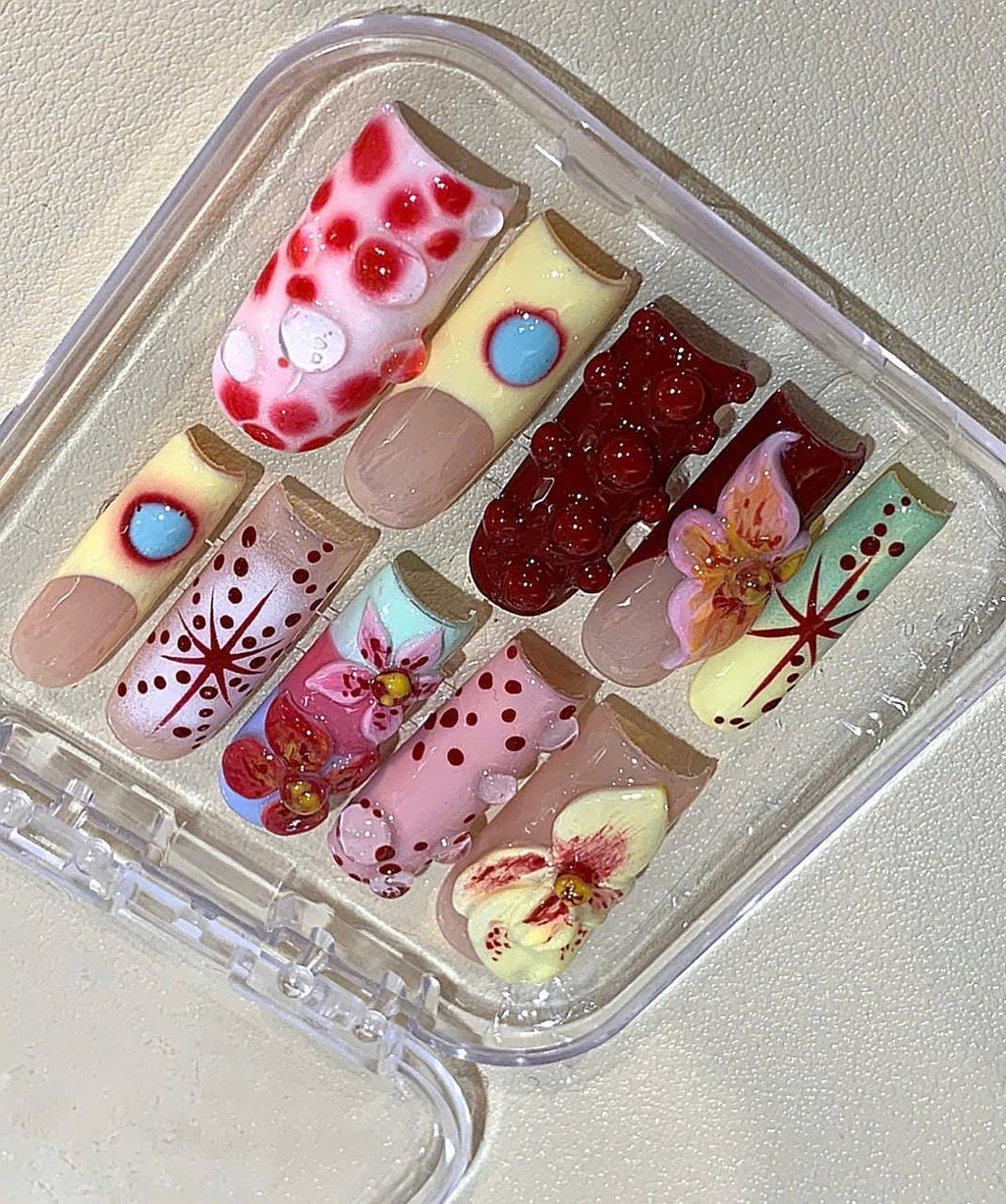 3D Floral Press On Nails: Retro Pop Art, Handmade Funky Nail Art