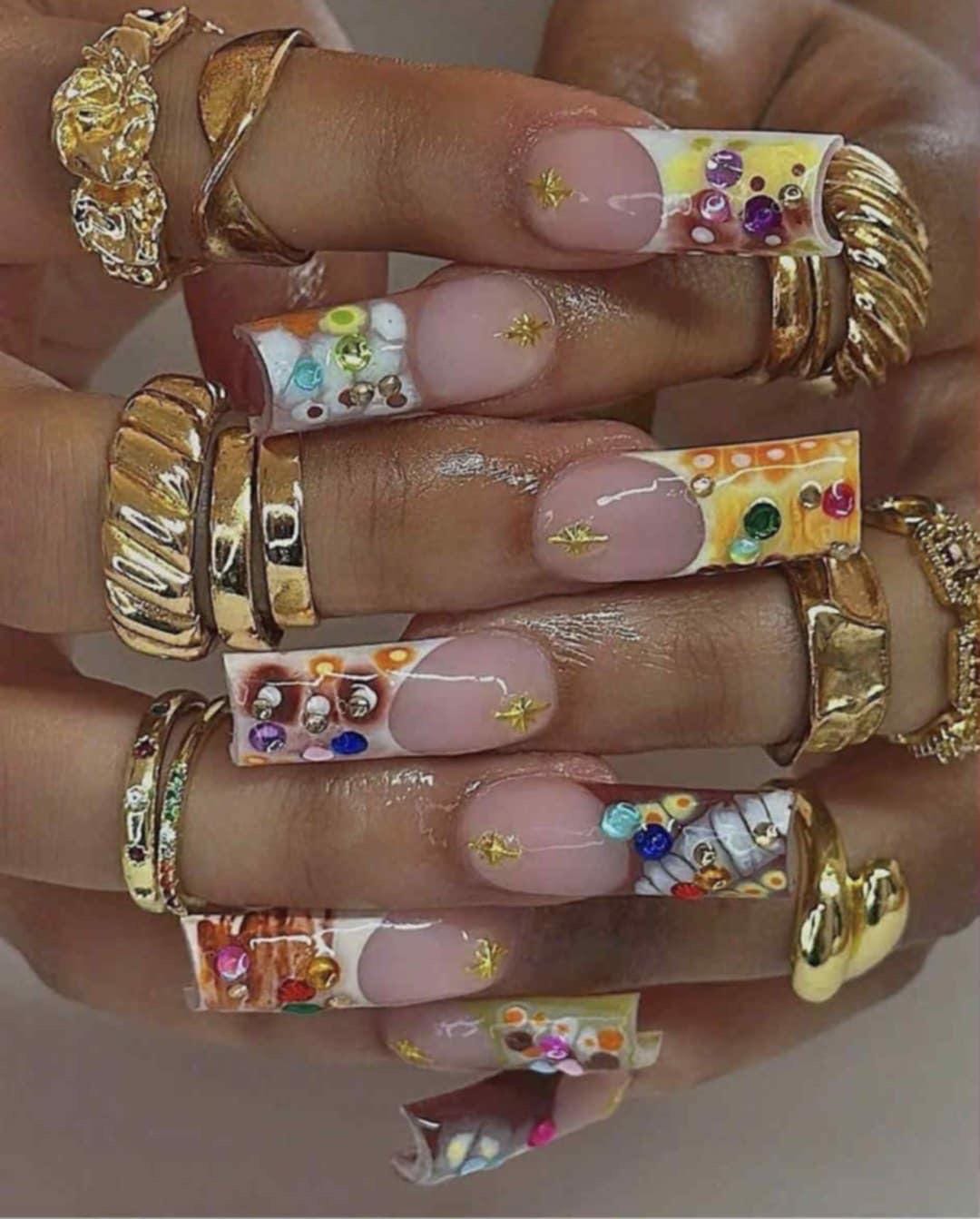 Rhinestone Press On Nails: 3D Star Charm Glitter Confetti Jelly Nails
