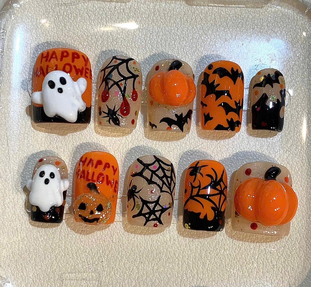 3D Ghost & Pumpkin Press On Nails: Spooky Halloween Nail Art