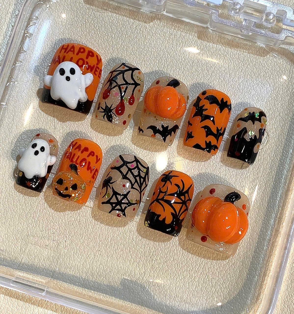 3D Ghost & Pumpkin Press On Nails: Spooky Halloween Nail Art