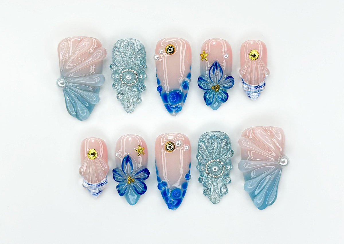 Ocean Bloom Elegance Press On Nails | 3D Shell & Pearl Nail Art | Mermaid Flower Design Tips | Blue Sea Fantasy Nails | JC948EC