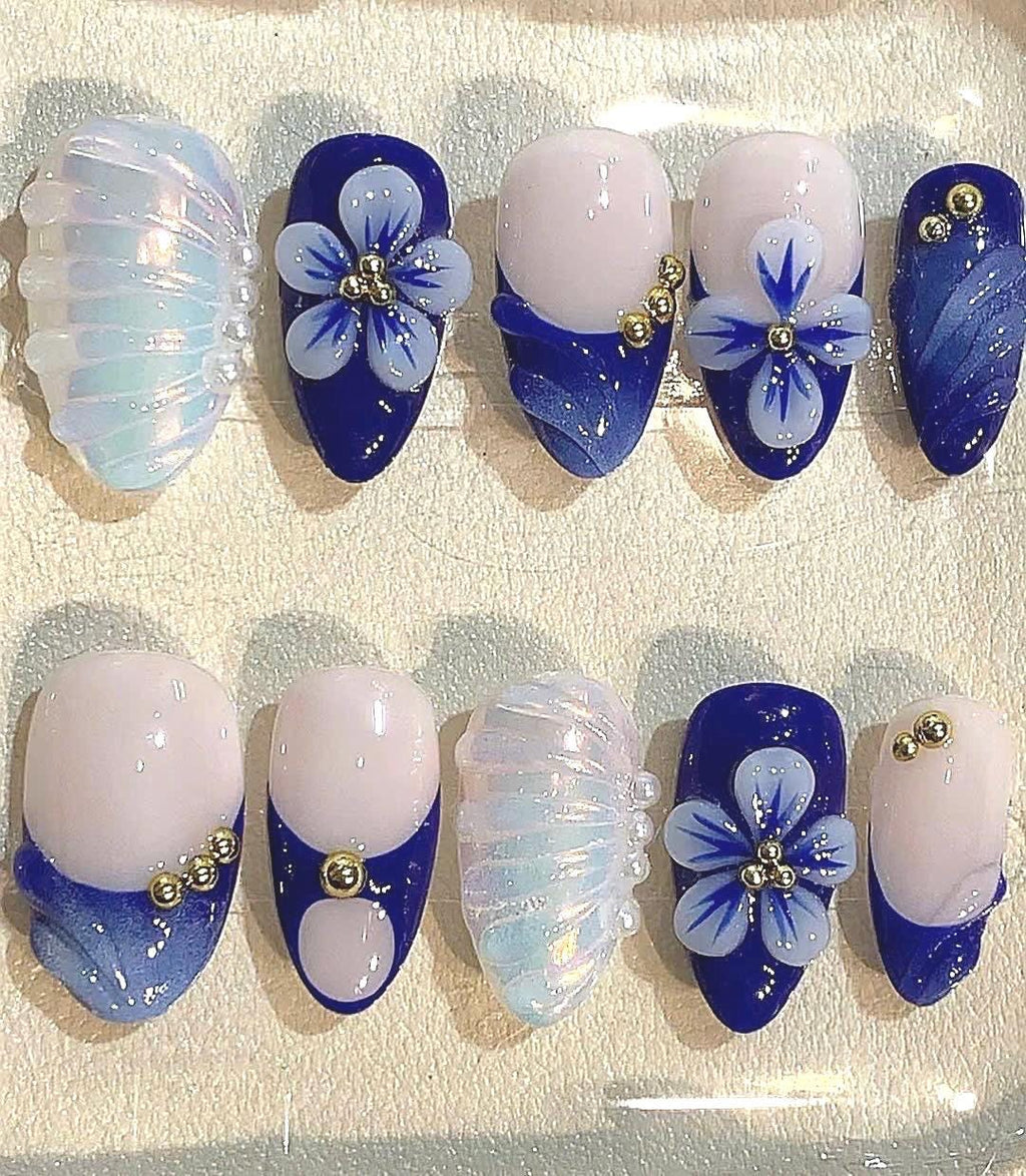 Blue Floral Press On Nails: Navy Pearl 3D Flower Coffin Nails