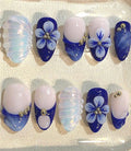 Blue Floral Press On Nails: Navy Pearl 3D Flower Coffin Nails