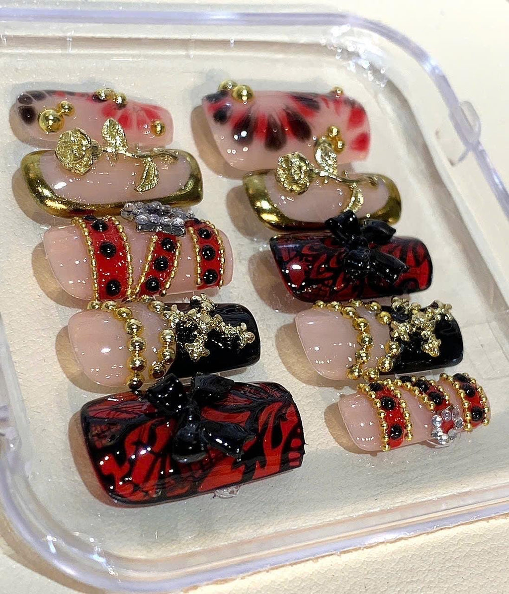 Gothic Press On Nails: Red Black Rose, Cross Charms & 3D Details