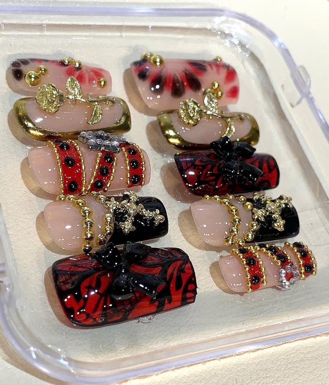 Gothic Press On Nails: Red Black Rose, Cross Charms & 3D Details