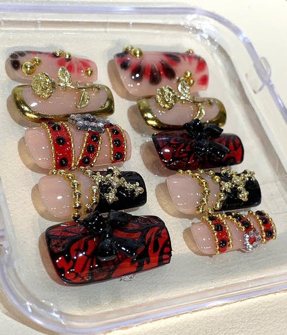 Gothic Press On Nails: Red Black Rose, Cross Charms & 3D Details