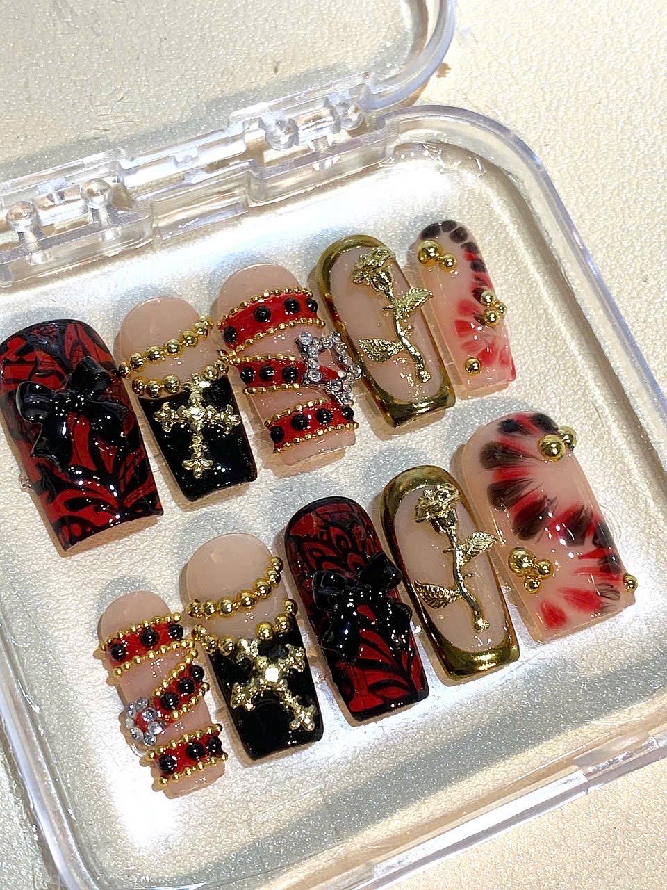 Gothic Press On Nails: Red Black Rose, Cross Charms & 3D Details