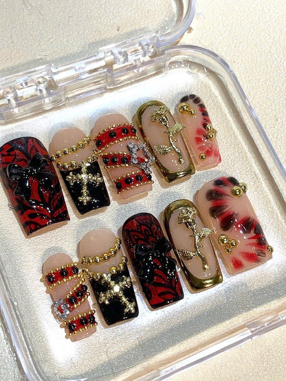 Gothic Press On Nails: Red Black Rose, Cross Charms & 3D Details