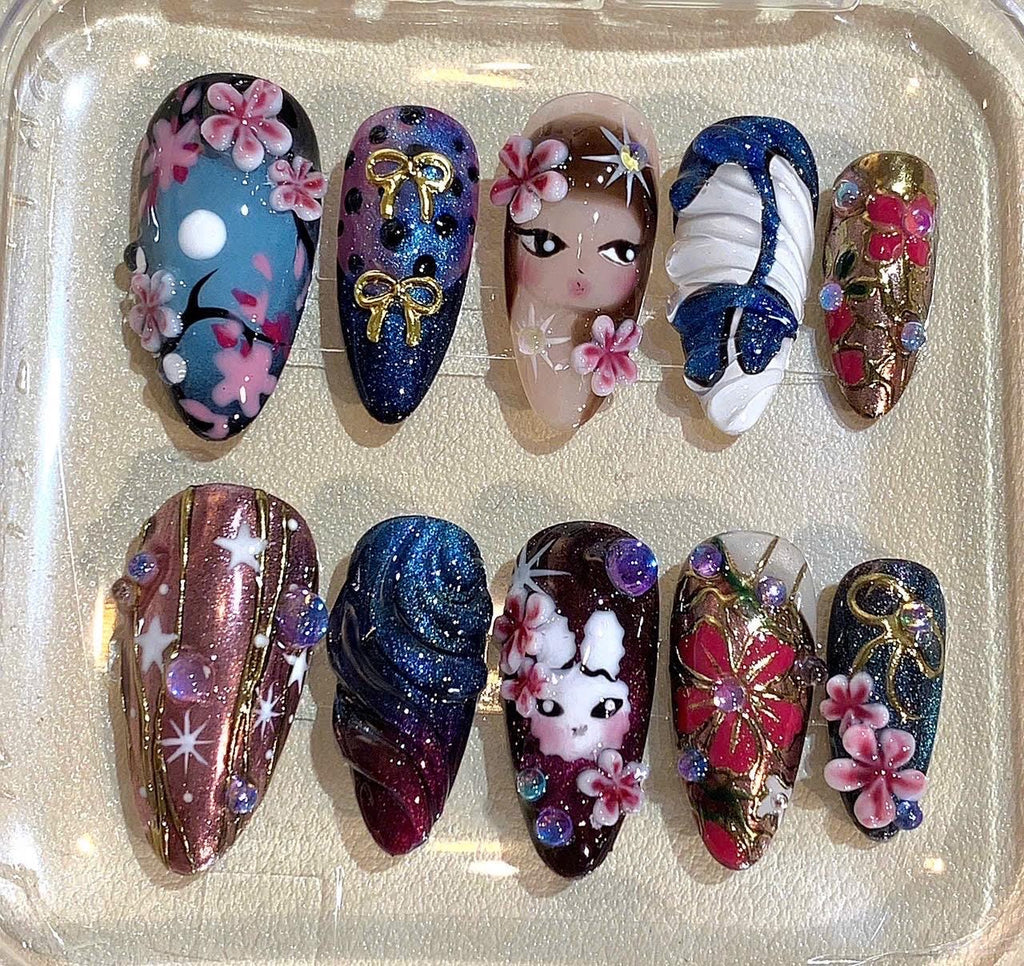 Sakura Cherry Blossom Bunny Press On Nails, 3D Kawaii Japanese Nail Art