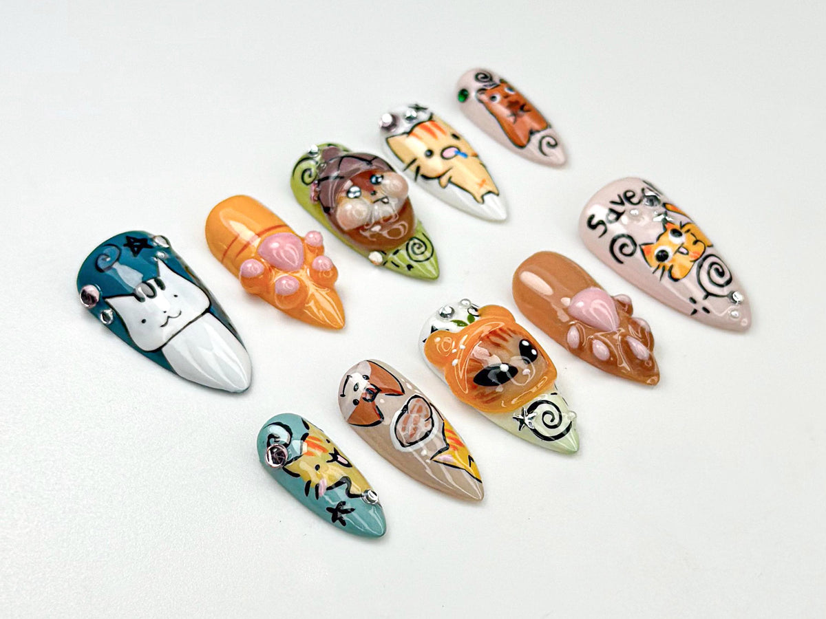 Whimsical Cartoon Kitty Press On Nails | 3D Cat Paw & Animal Faces | Cute Cartoon Pet Press Ons | Handmade Kawaii Nail Set | JB953HC