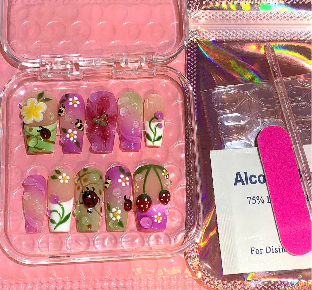 3D Ladybug Press On Nails: Strawberry Floral Stiletto Nail Art