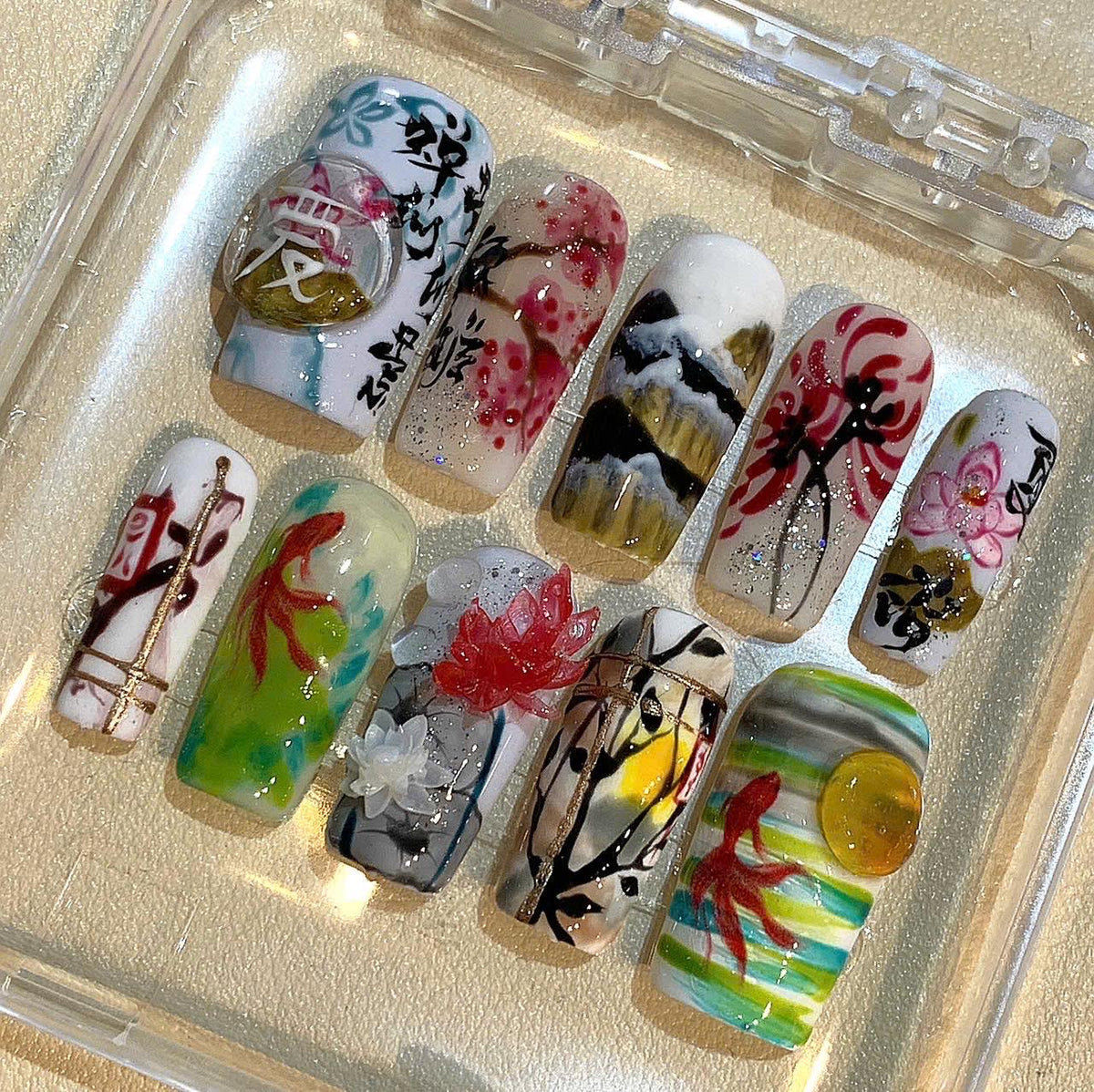 Hand-Painted Asian Art Press On Nails: Koi Fish & Lotus Design