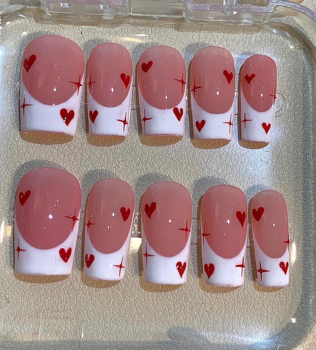 Heart French Tip Press On Nails: Pink & White Valentine's Day Coffin Set