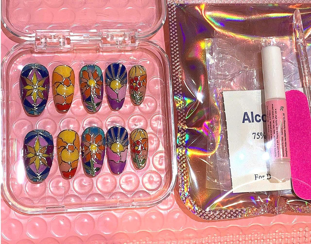 Hand Painted Stained Glass Press On Nails: Flower Sunset Nail Art