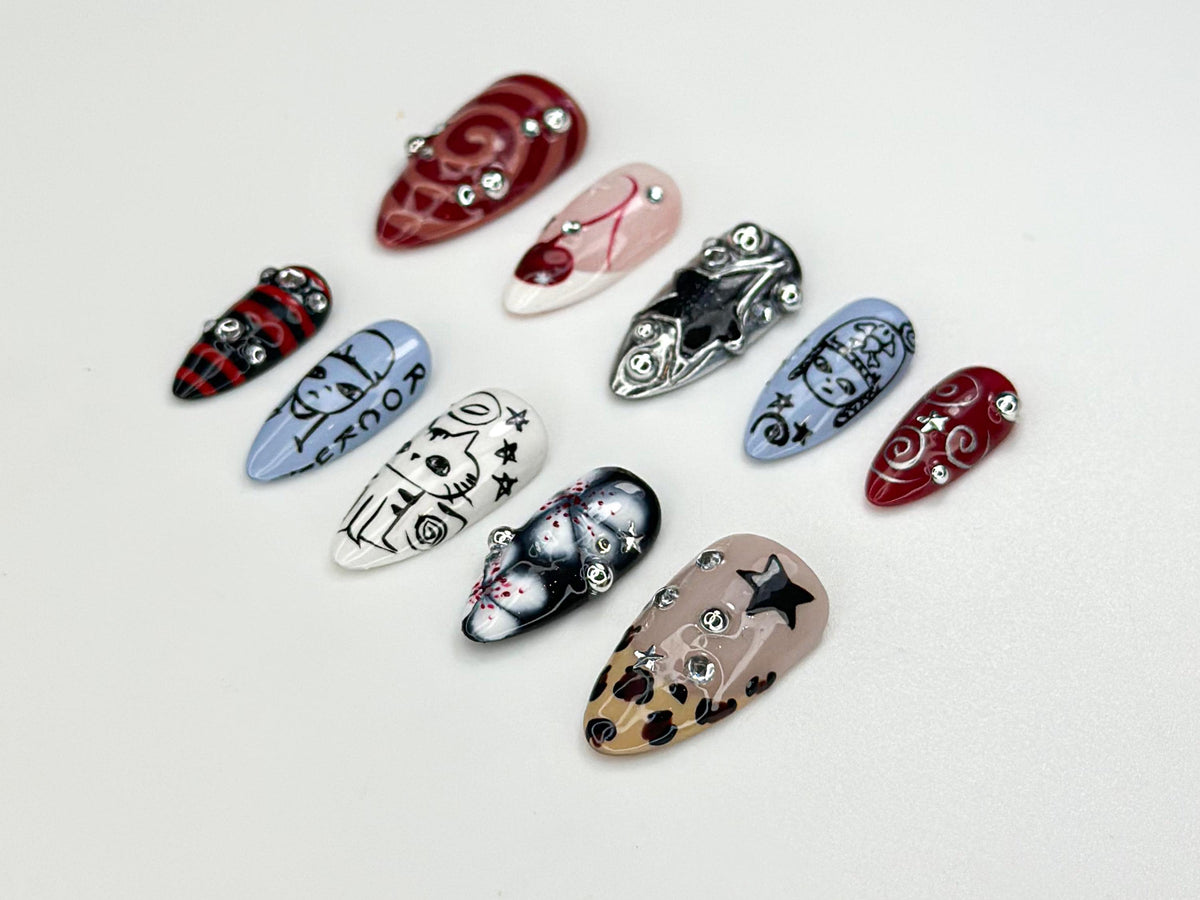 Grunge Cartoon Style Press On Nails | Red & Blue Mismatch Nails | Handpainted Edgy Punk Art | Funky Cartoon Press Ons| Handmade Nail|JC977HC