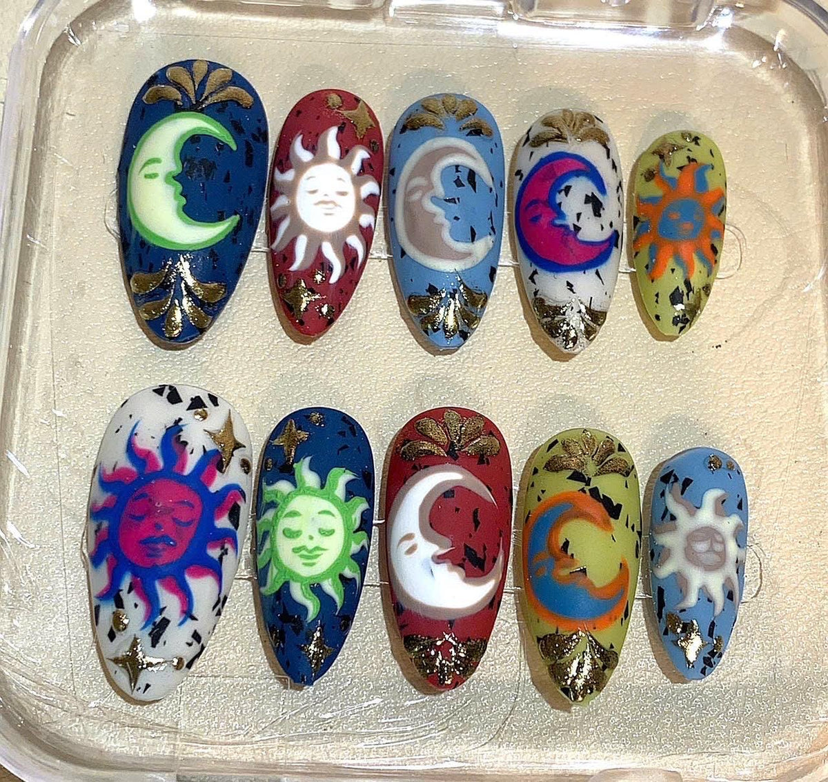 Celestial Sun & Moon Press On Nails: Hand-Painted Cosmic Boho Nail Art