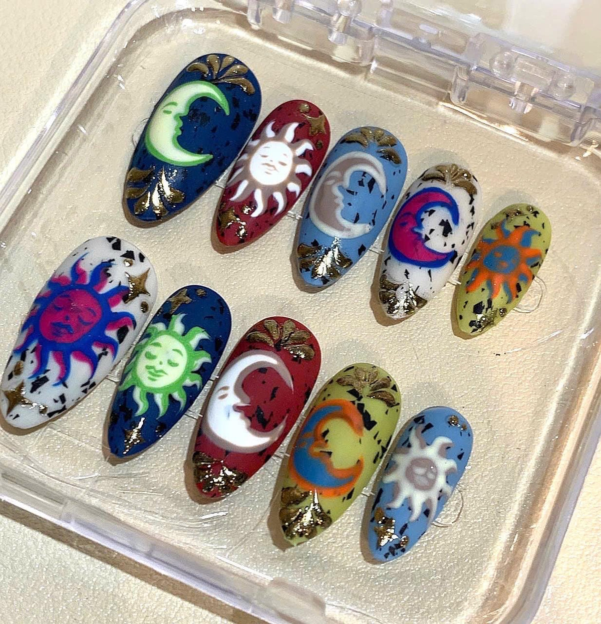 Celestial Sun & Moon Press On Nails: Hand-Painted Cosmic Boho Nail Art