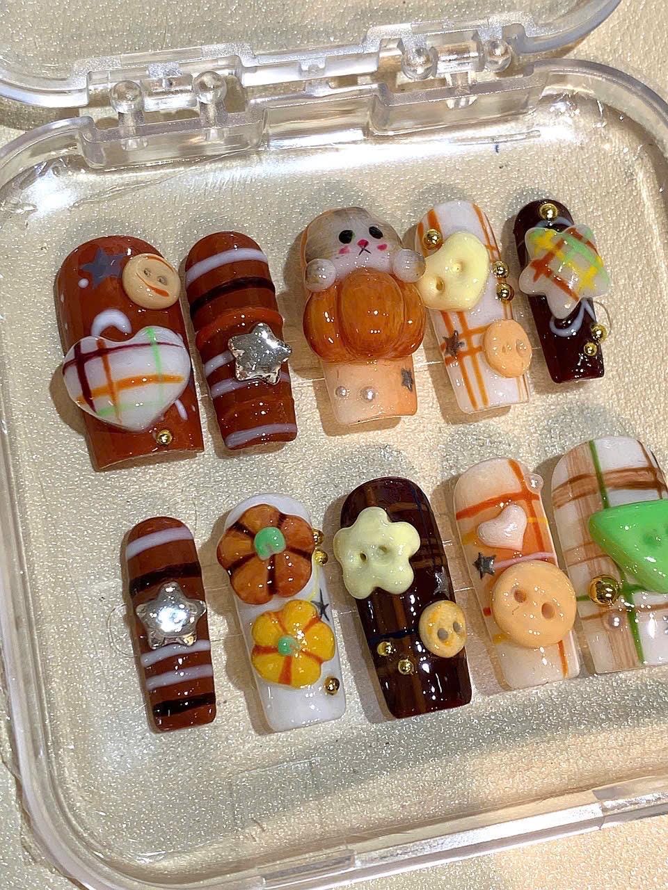 Kawaii Cookie Bear Press On Nails: 3D Autumn Nail Art