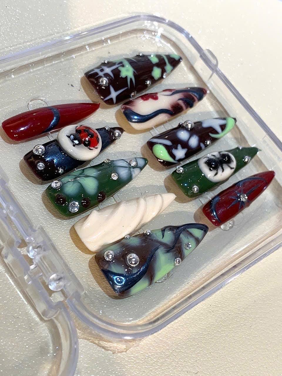 Gothic Ladybug Press On Nails: Dark Forest Bug Nail Art