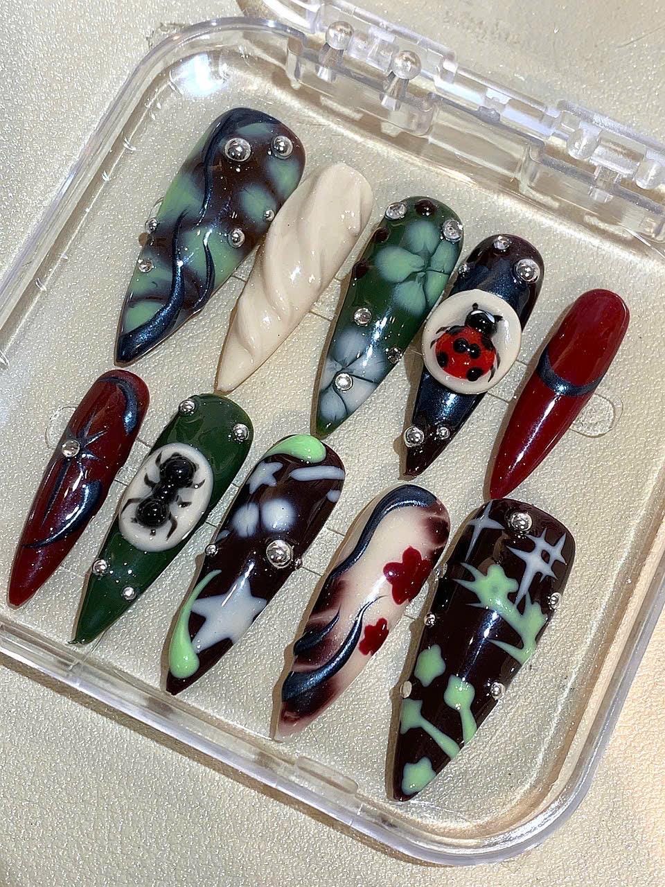 Gothic Ladybug Press On Nails: Dark Forest Bug Nail Art
