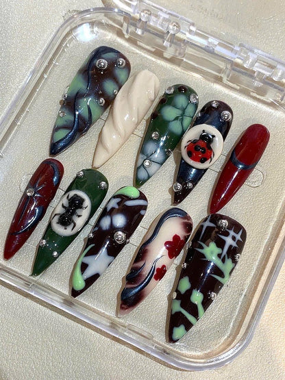 Gothic Ladybug Press On Nails: Dark Forest Bug Nail Art