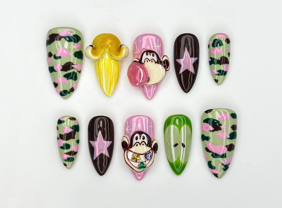Camo Monkey Fun Press On Nails | Cartoon Camouflage Nails | Banana & Monkey Nail Design | Pink Green Star Press Ons | Funky Nails | JC963HC