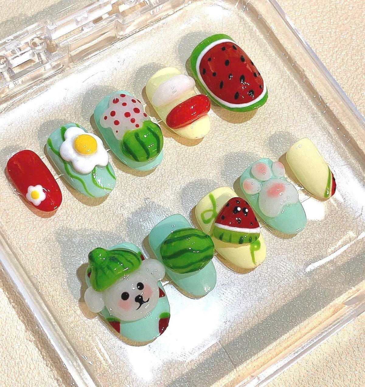 Watermelon Dog Press On Nails: 3D Kawaii Nail Art for Kids