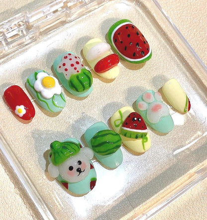 Watermelon Dog Press On Nails: 3D Kawaii Nail Art for Kids