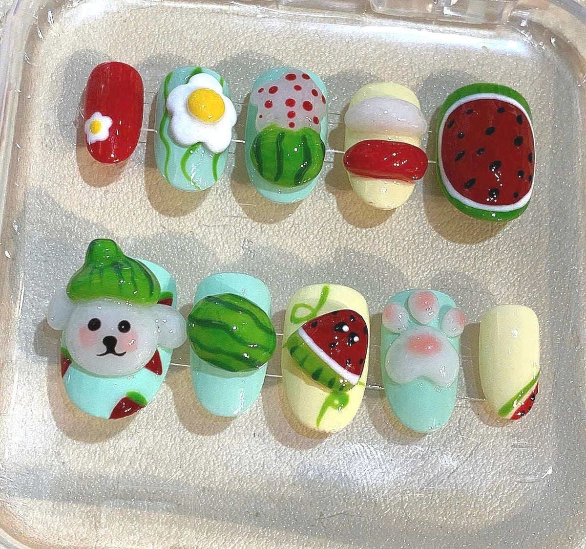 Watermelon Dog Press On Nails: 3D Kawaii Nail Art for Kids