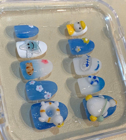 3D Duck & Starfish Press On Nails: Ocean Beach Nail Art