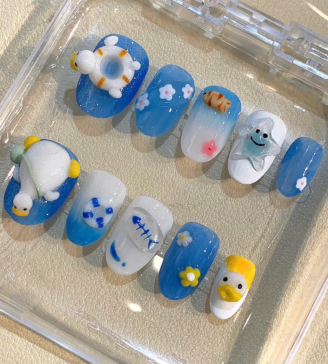 3D Duck & Starfish Press On Nails: Ocean Beach Nail Art