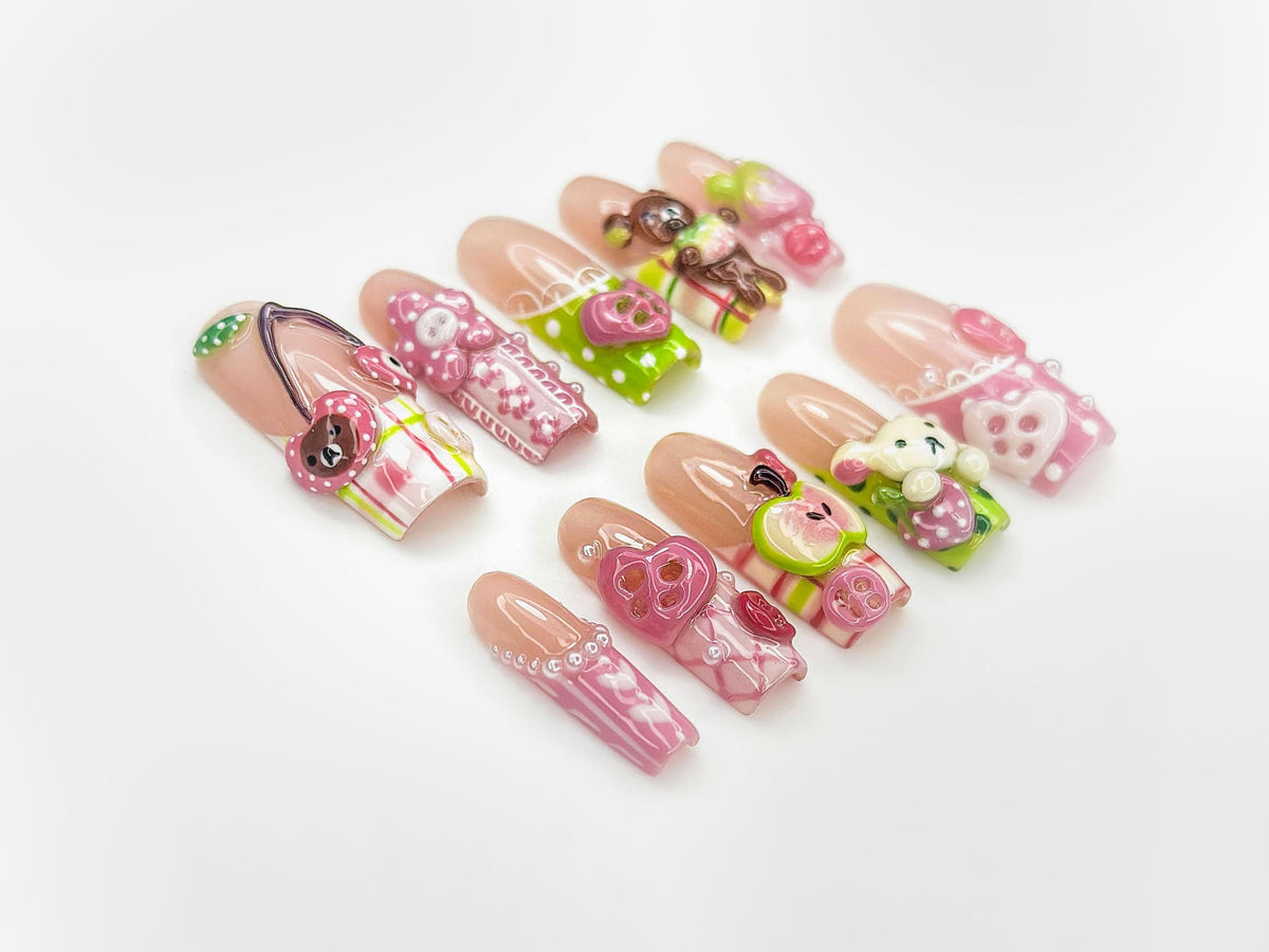 Kawaii Bear Candy Press On Nails | 3D Cute Apple Cherry Nail Art | Pastel Pink Green Y2K Vibes | Cartoon Dessert-Inspired Nails  | JB986EC