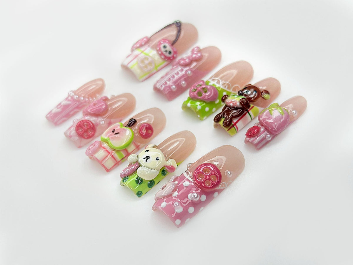Kawaii Bear Candy Press On Nails | 3D Cute Apple Cherry Nail Art | Pastel Pink Green Y2K Vibes | Cartoon Dessert-Inspired Nails  | JB986EC