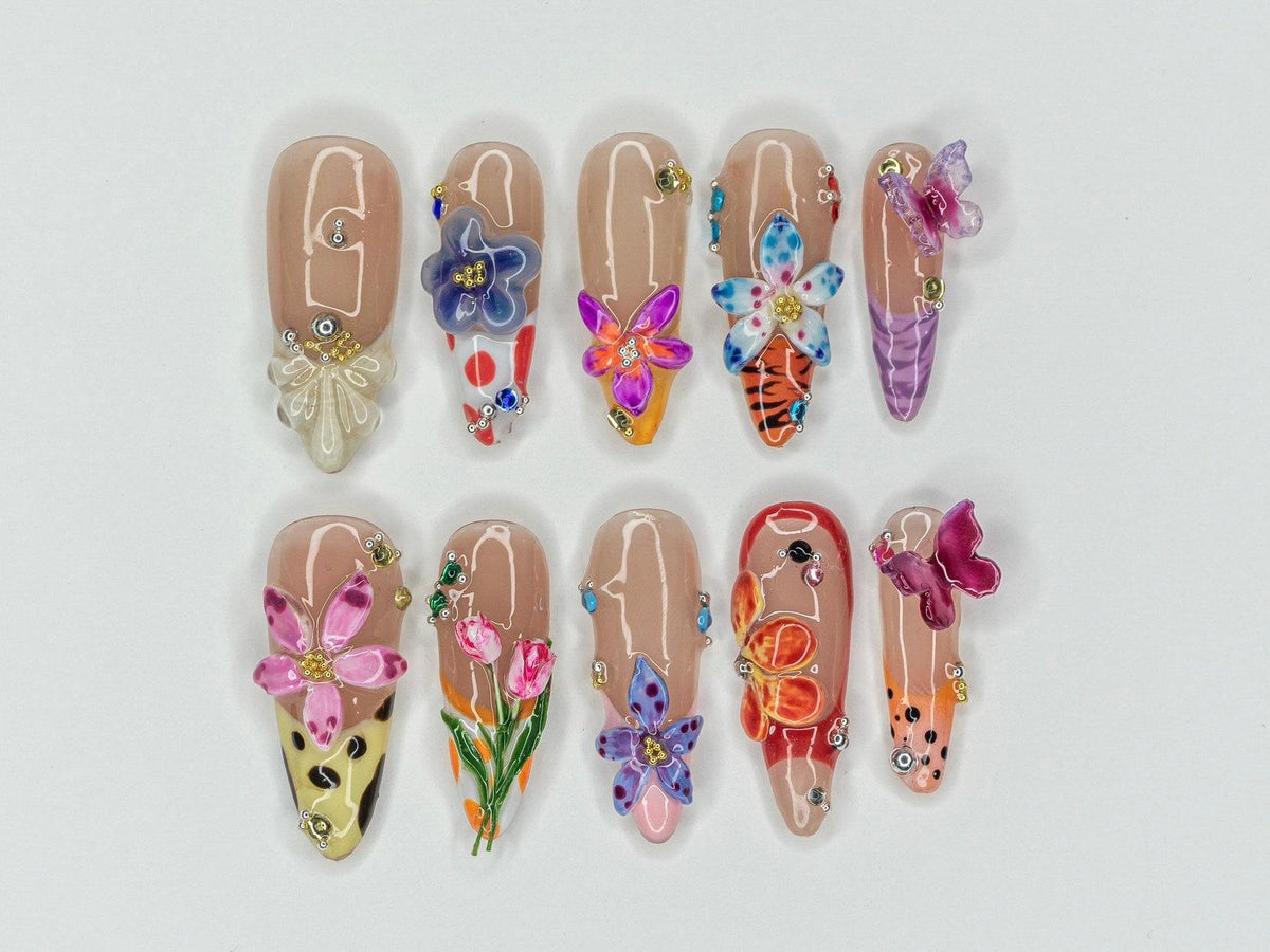 Combo Colorful Floral Press On Nails | Pastel Garden Nail Art | Flower & Butterfly Designs | Bestseller Nails | Floral Collection | JB998H