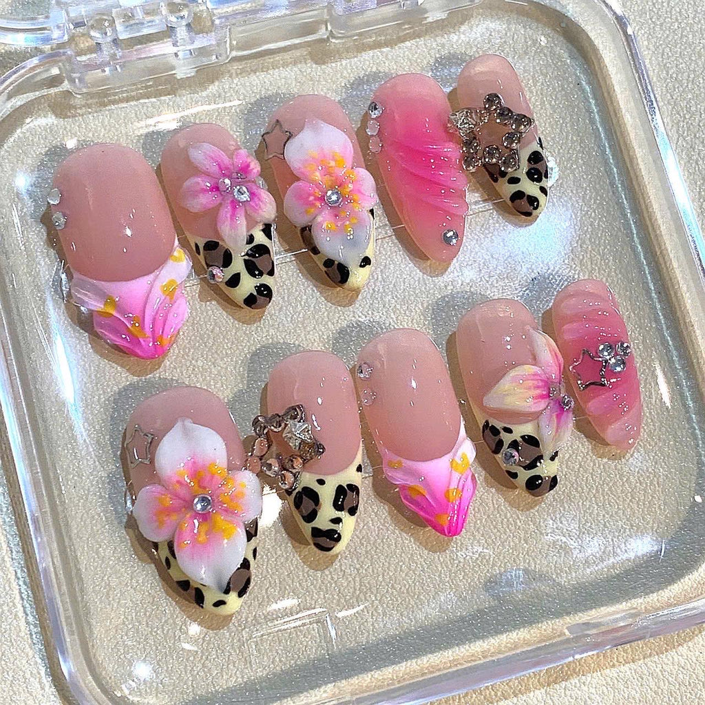 3D Floral Leopard Press On Nails: Pink Rhinestone Almond Nail Art