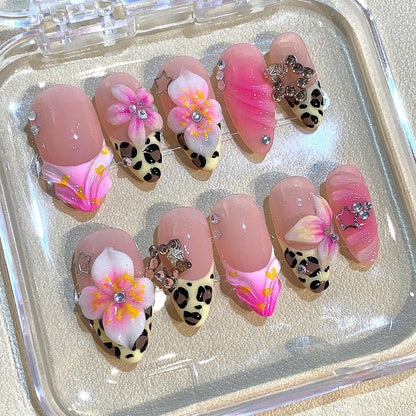 3D Floral Leopard Press On Nails: Pink Rhinestone Almond Nail Art